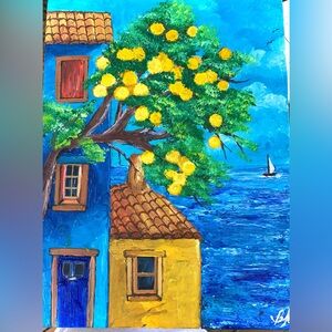 Charming Seaside Painting with Blue and Yellow Hues